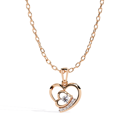 rose gold double open heart diamond pendant front view with curved heart outline and diamond details