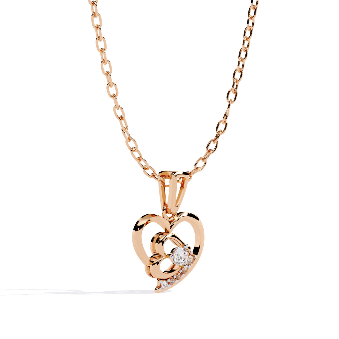 rose gold double open heart diamond pendant angle view showing layered heart depth and cutout design