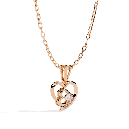 rose gold double open heart diamond pendant angle view showing layered heart depth and cutout design