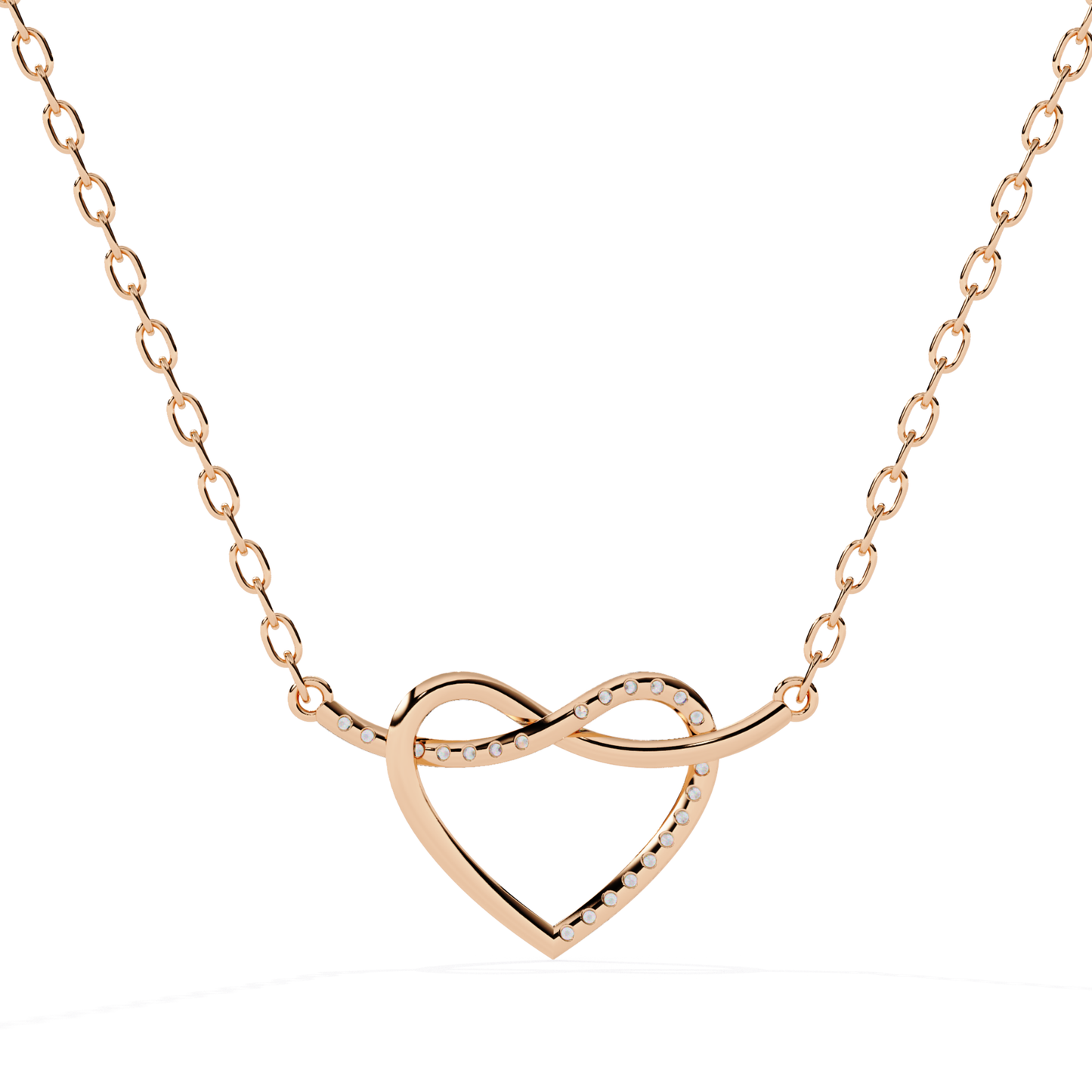 Rose gold heart infinity pendant featuring round diamonds on flowing infinity curve open heart form sleek finish pendant paired with rose gold chain