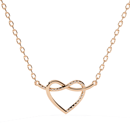 Rose gold heart infinity pendant featuring round diamonds on flowing infinity curve open heart form sleek finish pendant paired with rose gold chain