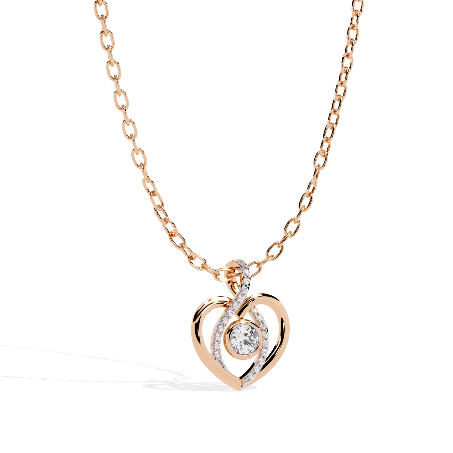 rose gold heart design pendant with circular center diamond and elegant diamond curves