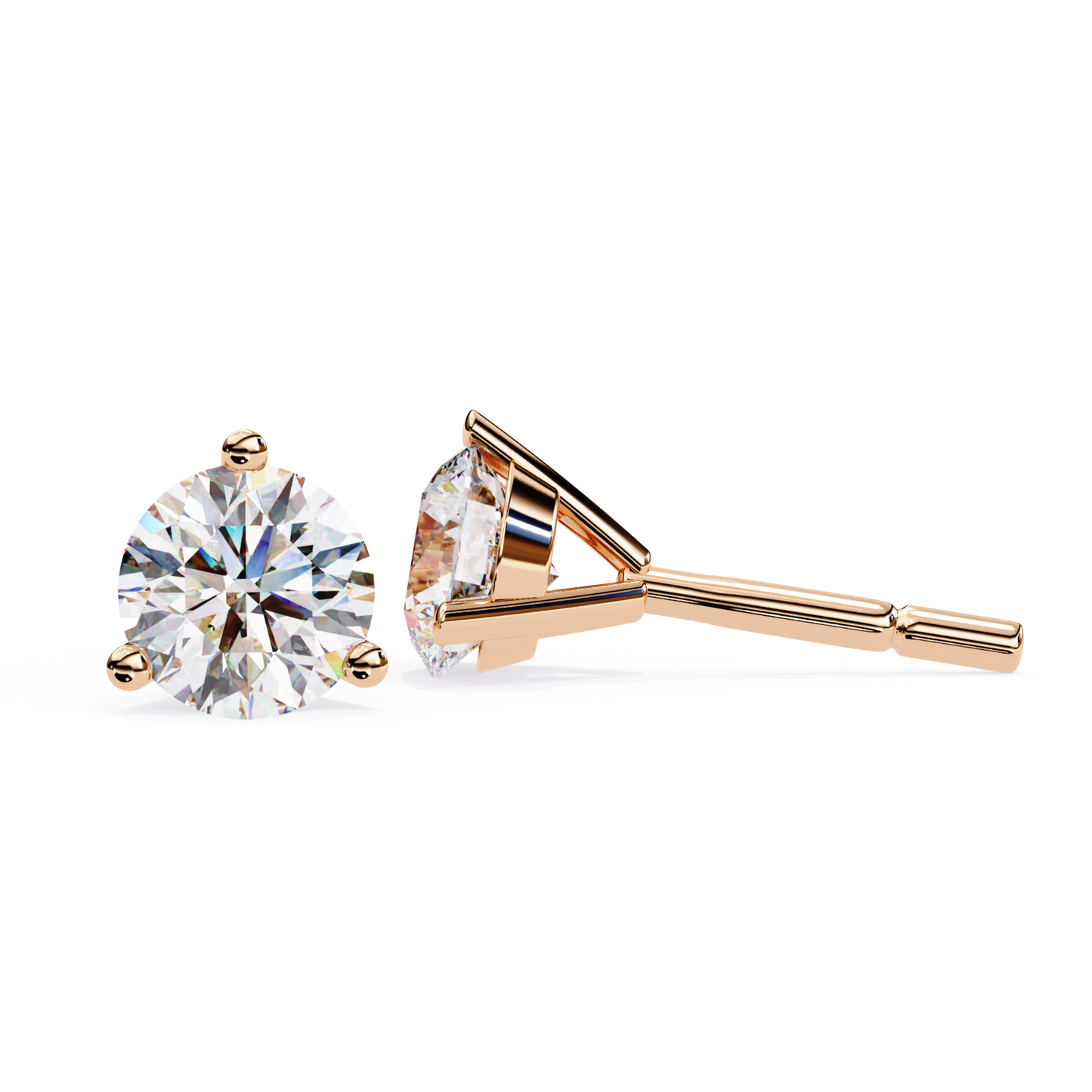 Side and front view of solitaire diamond stud earrings featuring a 3-prong martini style setting in polished rose gold.