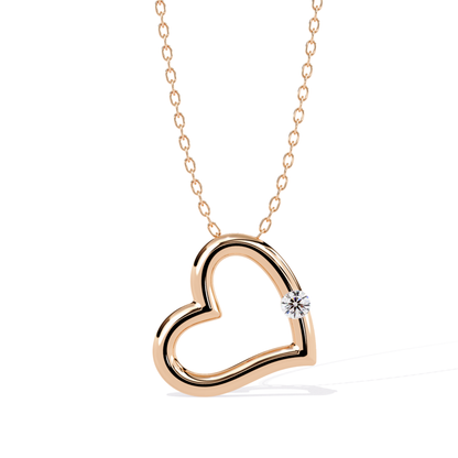 Rose gold open heart pendant featuring a solitaire round diamond accent
