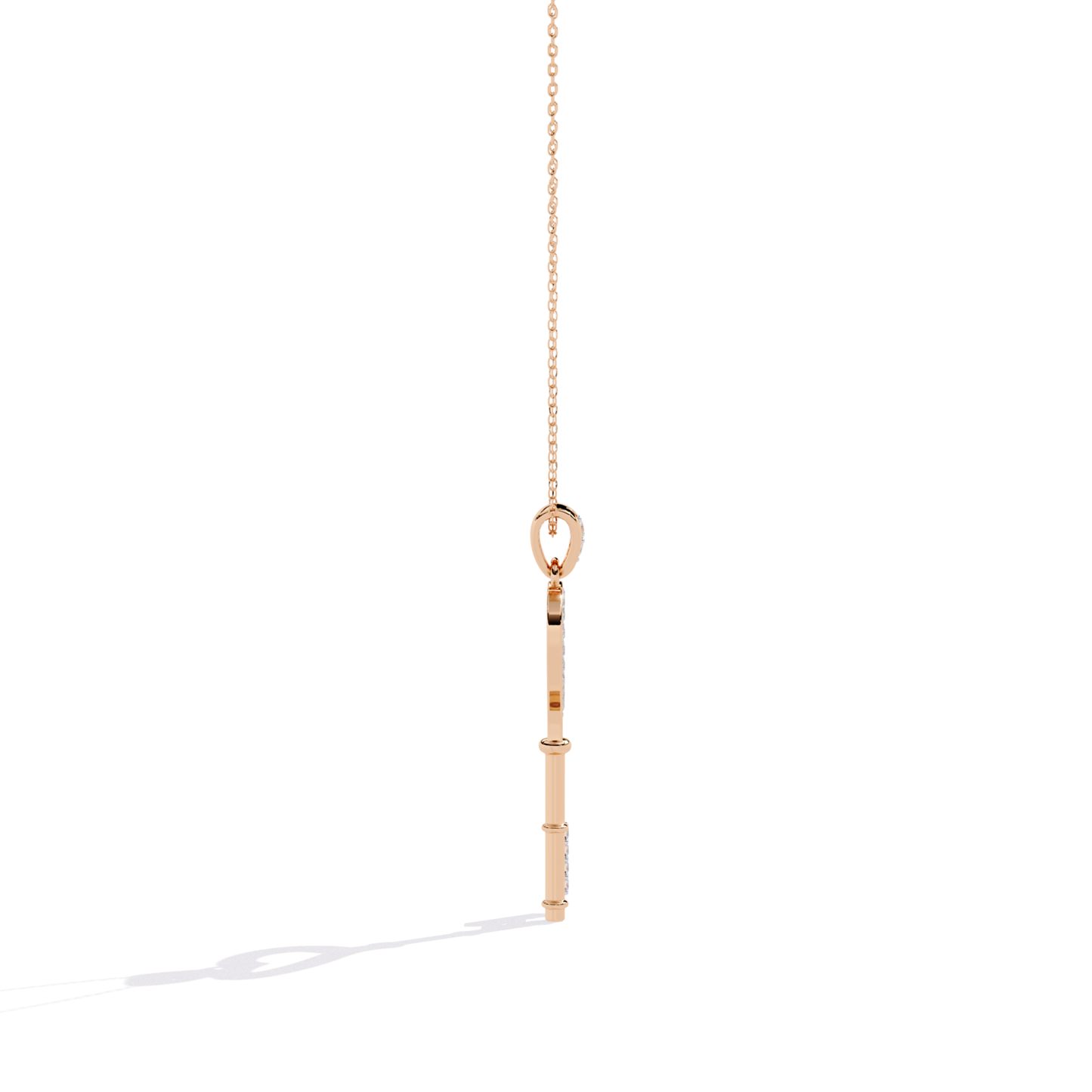 Rose gold open heart key diamond pendant side profile displaying straight key structure, smooth flat edges, and side-set diamond detailing