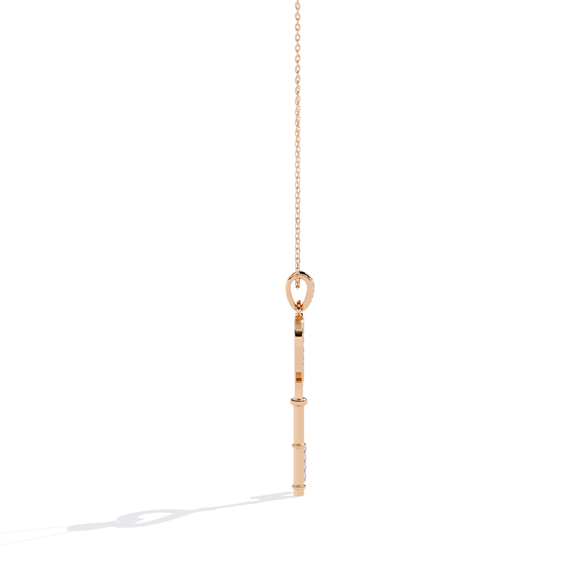 Rose gold open heart key diamond pendant side profile displaying straight key structure, smooth flat edges, and side-set diamond detailing