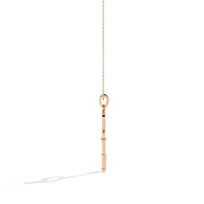 Rose gold open heart key diamond pendant side profile displaying straight key structure, smooth flat edges, and side-set diamond detailing
