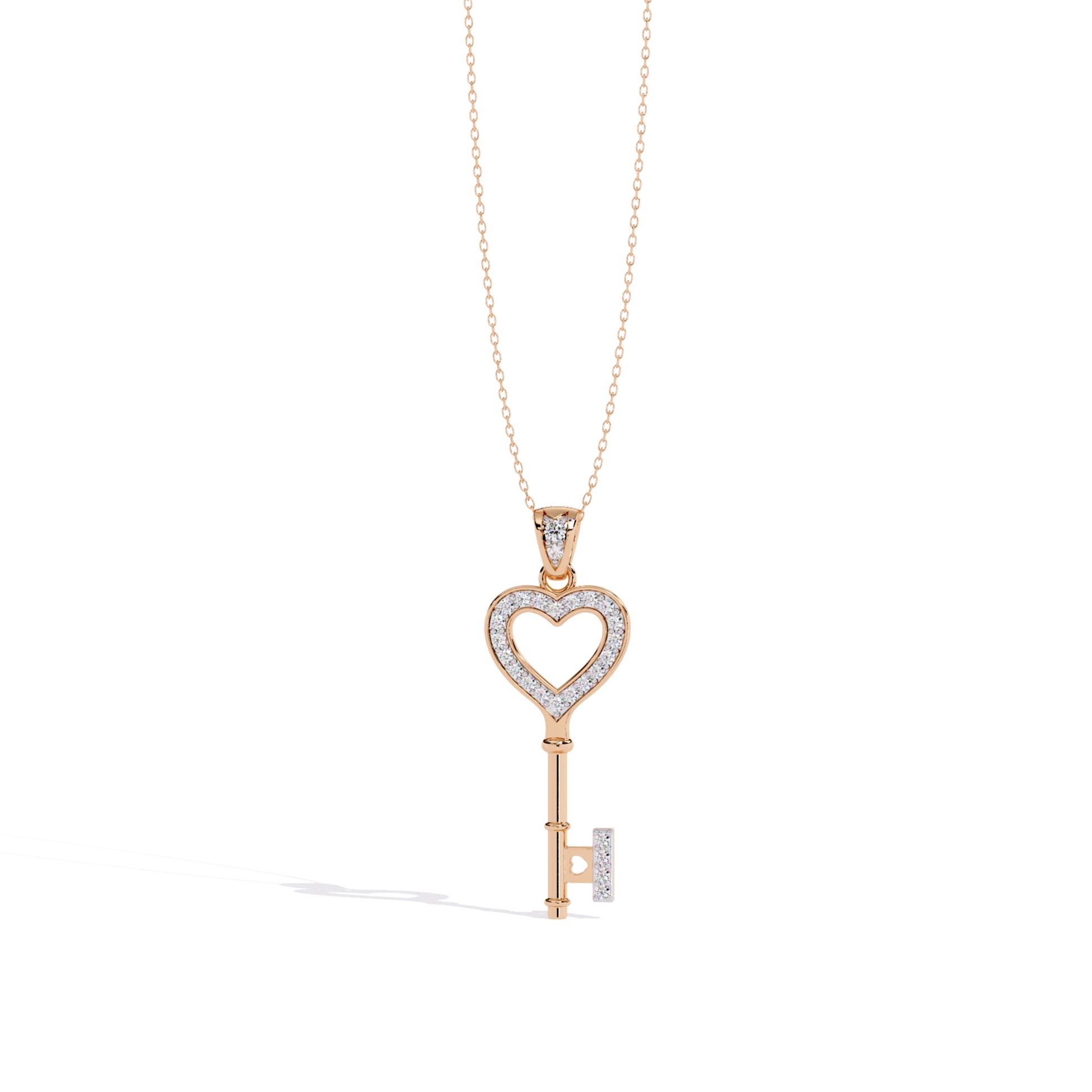 Rose gold open heart key diamond pendant showcasing a heart-shaped open center, diamond-lined heart frame, and a polished key body