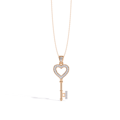 Rose gold open heart key diamond pendant showcasing a heart-shaped open center, diamond-lined heart frame, and a polished key body