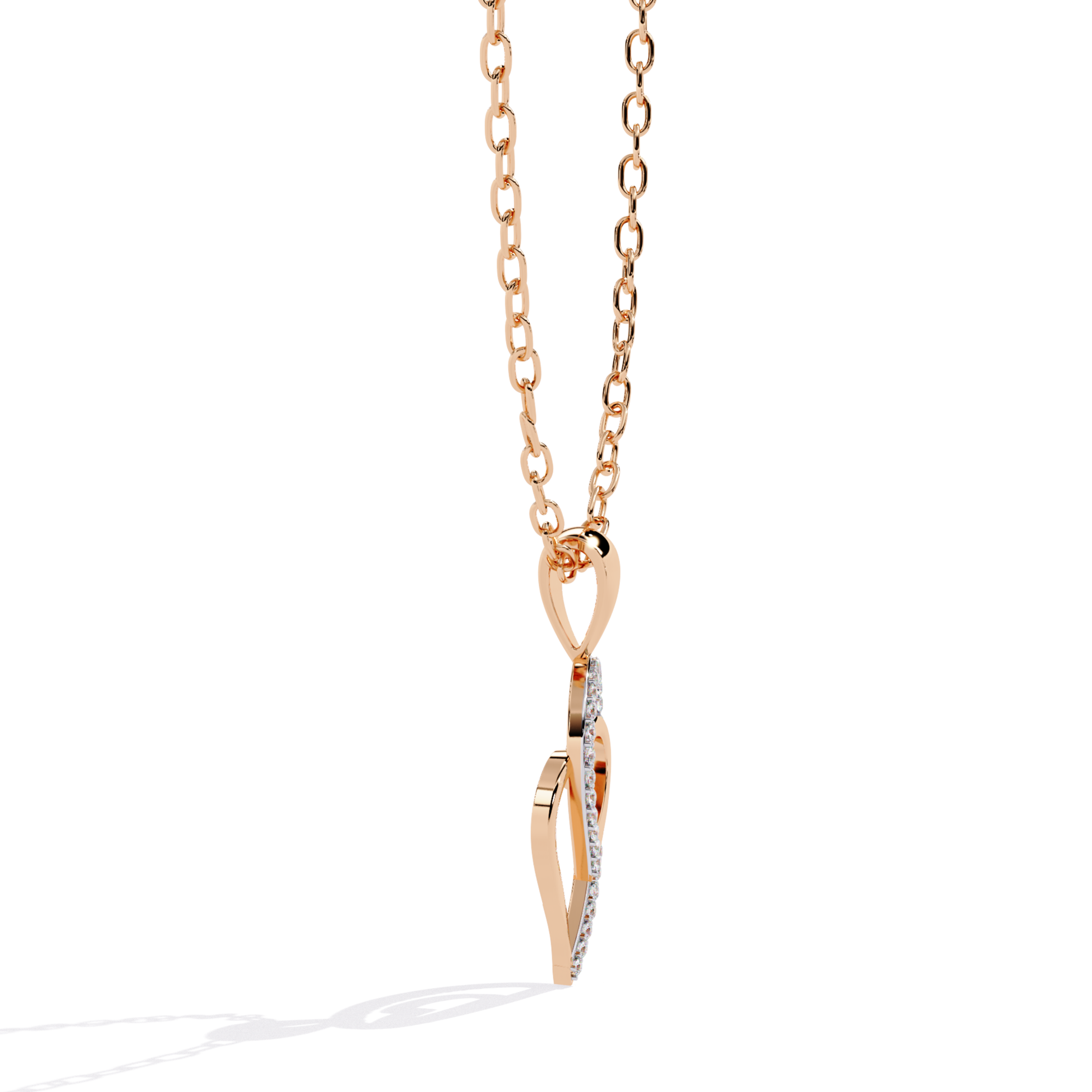Side view of a rose gold open double-heart pendant with round-cut diamonds arranged along the outer curve.