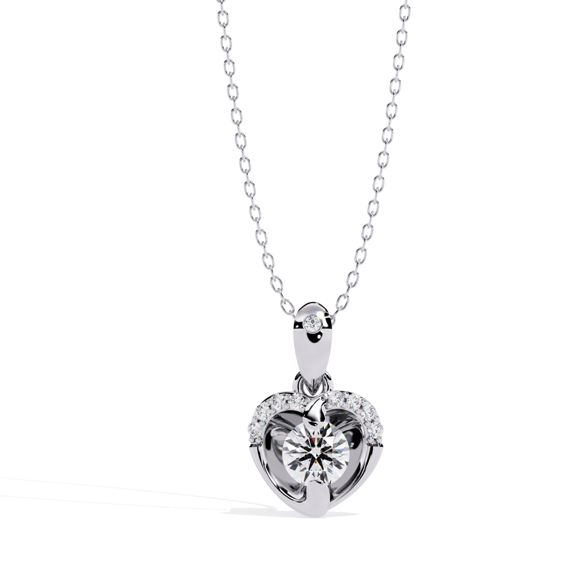 round cut diamond solitaire pendant in white gold with smooth bezel inspired design highlighted by small round diamonds on the top arc and clean modern bail