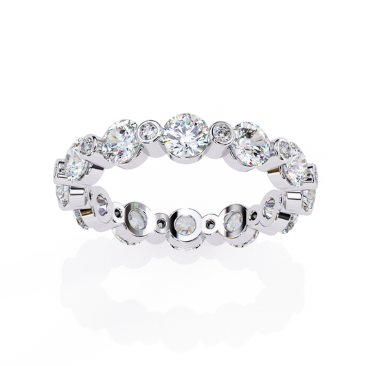 Front view of a white gold eternity band featuring round cut diamonds