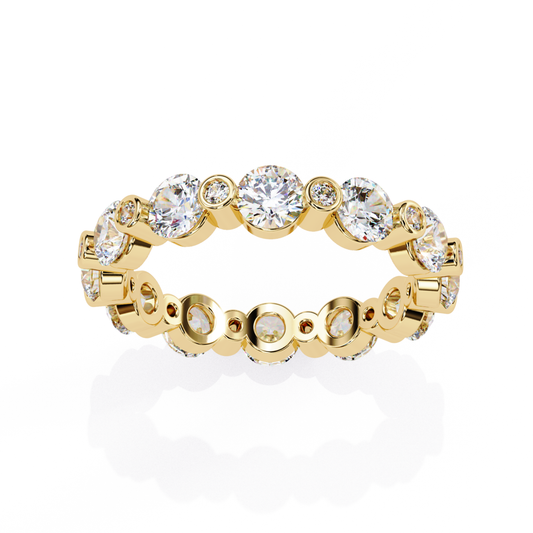 Front view of a yellow gold eternity band with round cut diamonds set all around
