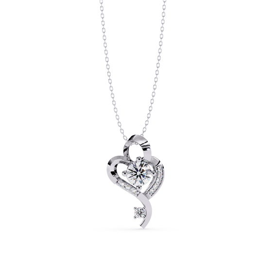front view diamond heart pendant in white gold with round center stone and accent diamonds