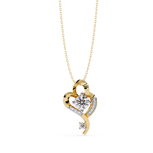 front view diamond heart pendant in yellow gold with round center stone and accent diamonds