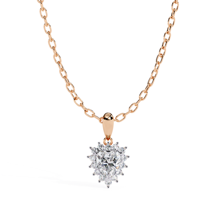 Front view of a rose gold pendant featuring a cluster of round diamonds