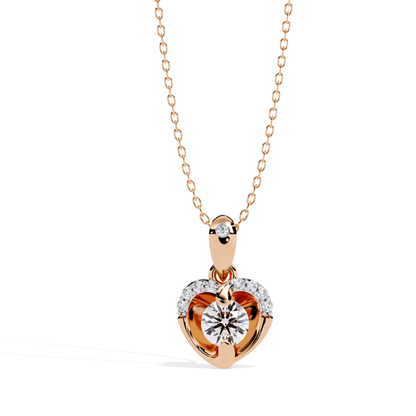 round brilliant diamond solitaire pendant in rose gold showcasing curved protective setting with round diamonds on the crown and minimal polished bail