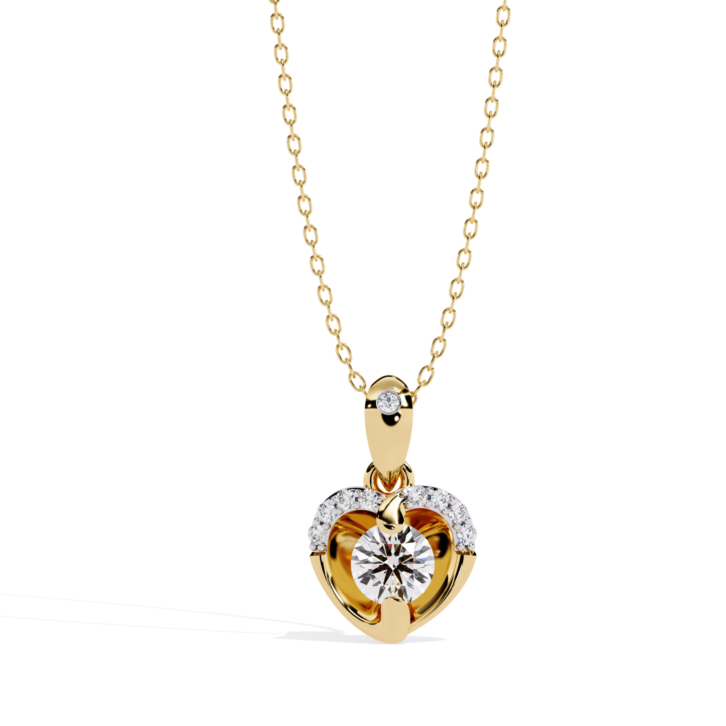 round cut diamond solitaire pendant in yellow gold featuring bezel style lower setting with round diamonds along the upper curve and polished bail with accent diamond