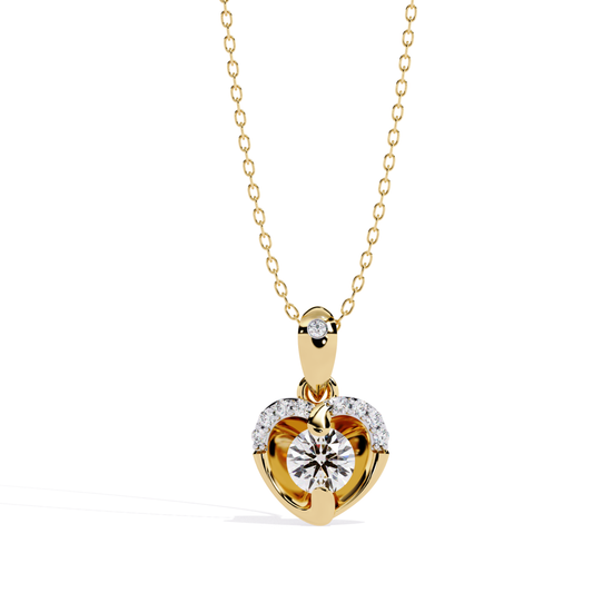 round cut diamond solitaire pendant in yellow gold featuring bezel style lower setting with round diamonds along the upper curve and polished bail with accent diamond
