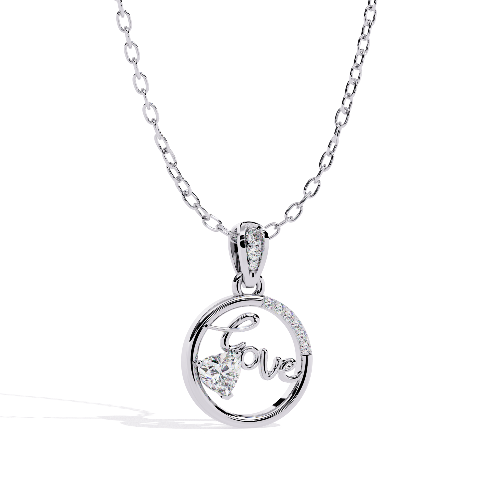 Side view of a white gold round pendant showcasing a love motif with a heart-shaped diamond set inside the frame.