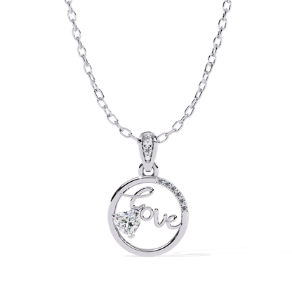 Front view of a white gold round pendant showcasing a flowing love motif with a heart-shaped diamond centerpiece.