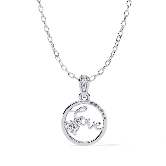 Front view of a white gold round pendant showcasing a flowing love motif with a heart-shaped diamond centerpiece.