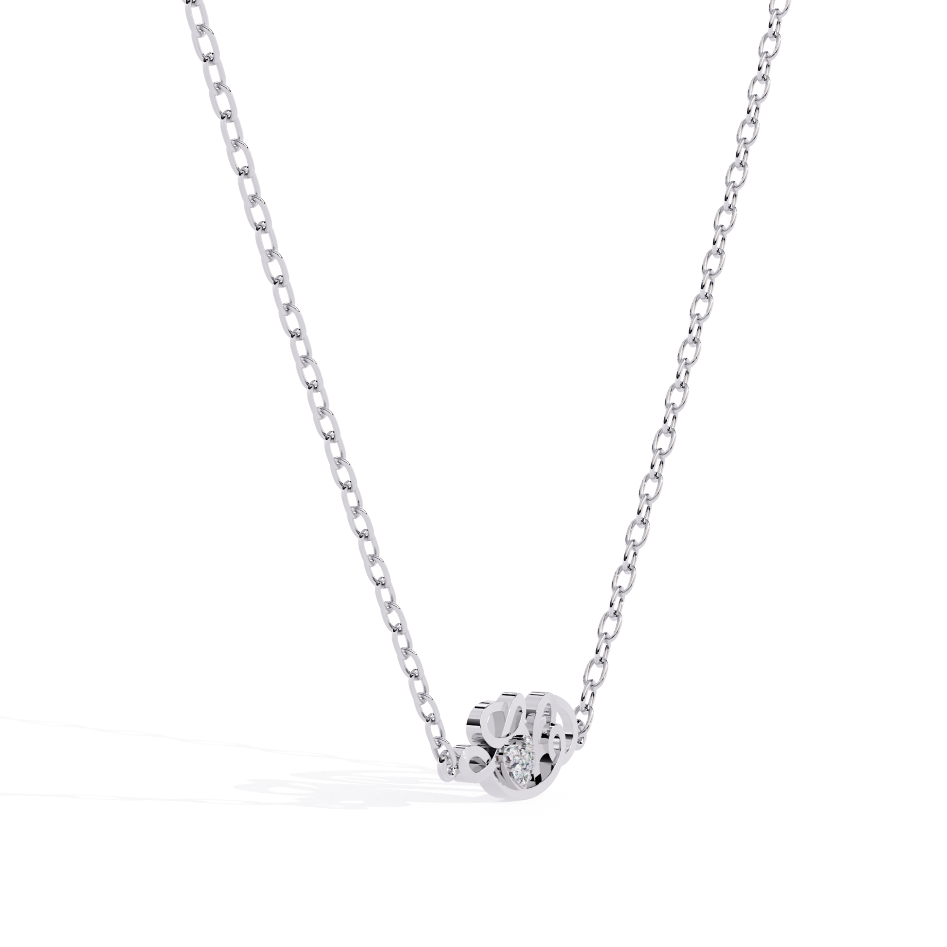 Angled front view of a white gold love-inspired pendant with a heart-shaped diamond set within the design.