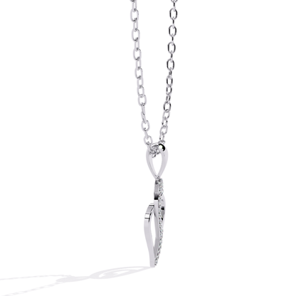 Side view of a white gold open double-heart pendant featuring round-cut diamonds placed on one curved edge.