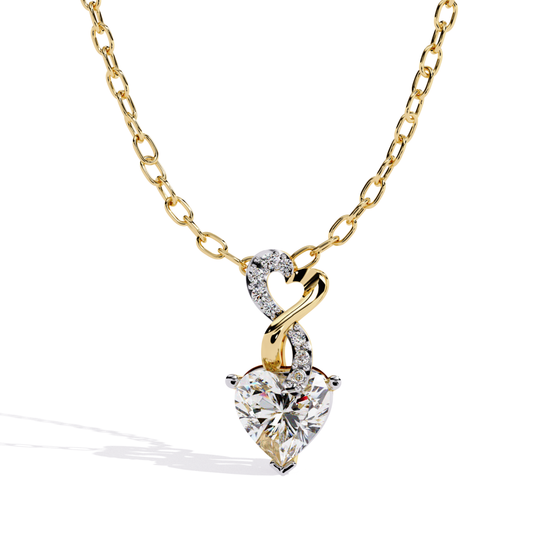 Twisted heart pendant in yellow gold with a heart-shaped diamond and accent diamonds in an elegant design