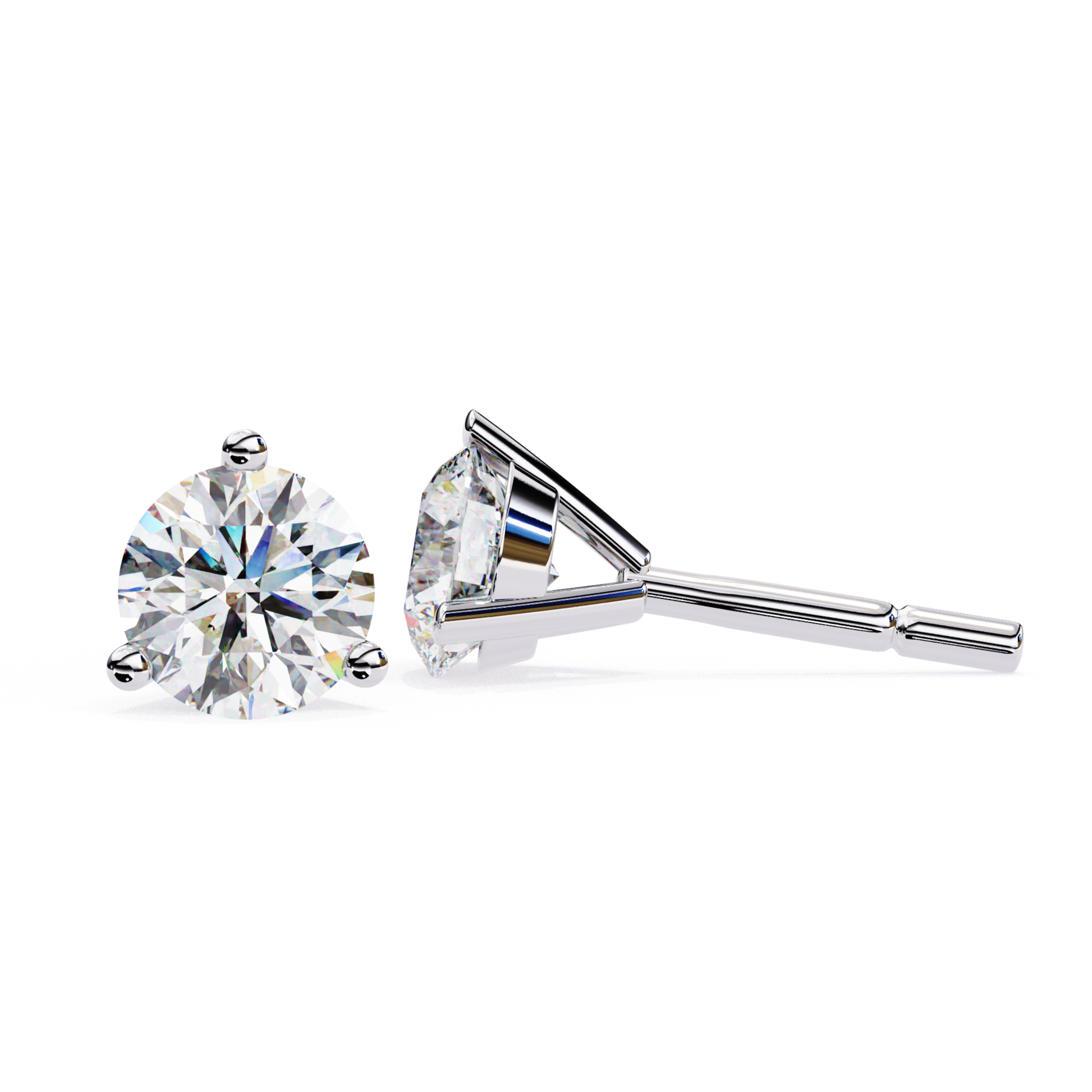 Classic white gold diamond stud earrings with a minimal 3-prong setting that highlights the round center stones.