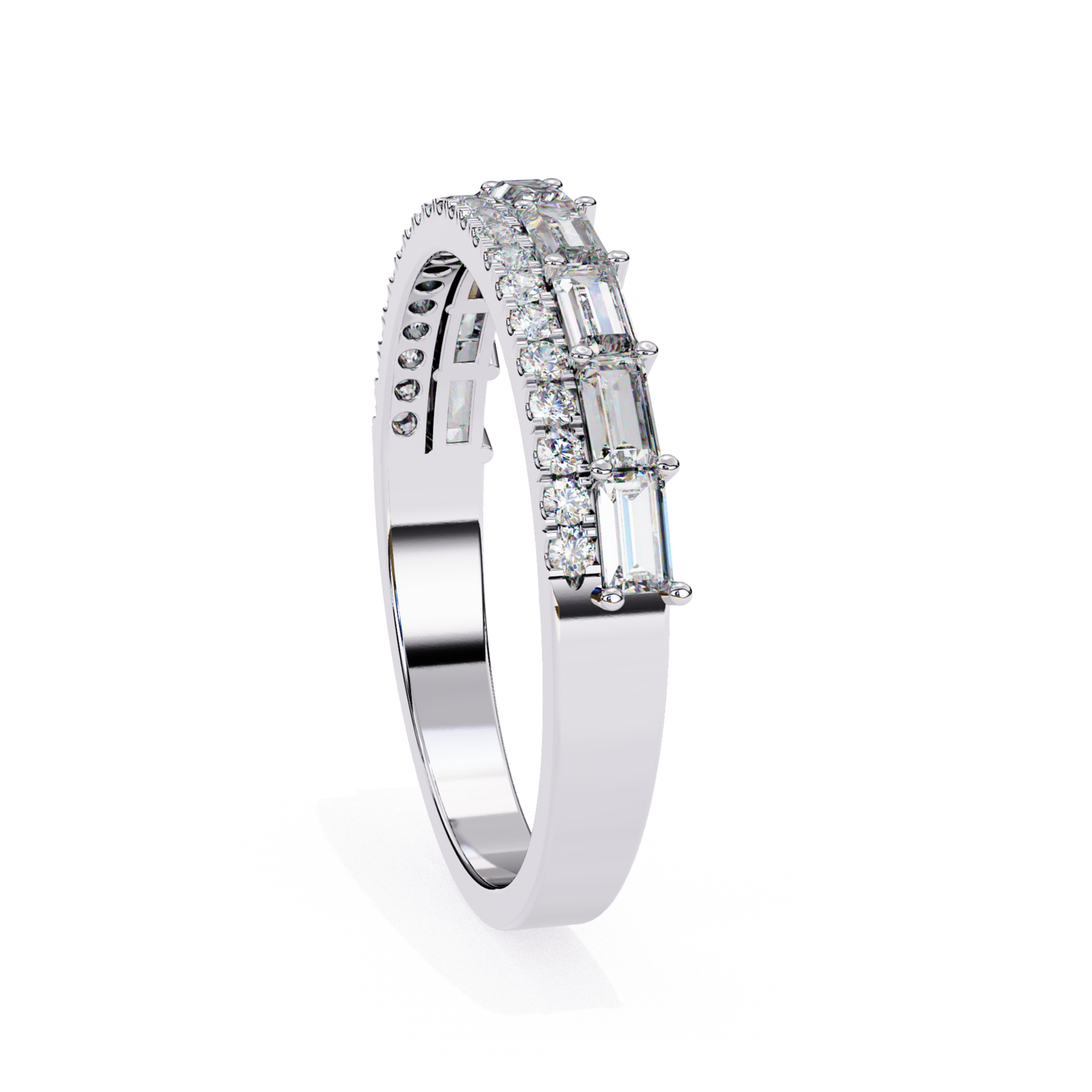 Angled view white gold band featuring baguette and round diamonds