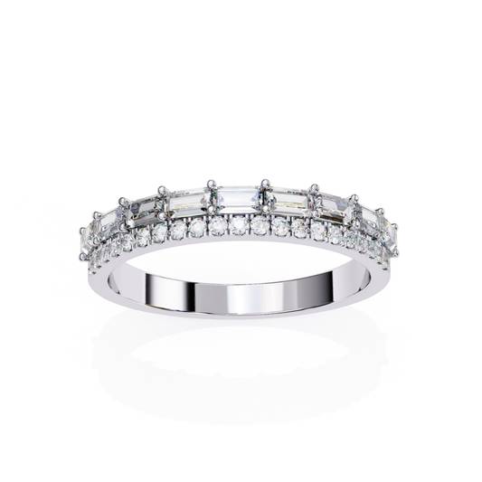 Front view white gold ring featuring baguette and round diamonds