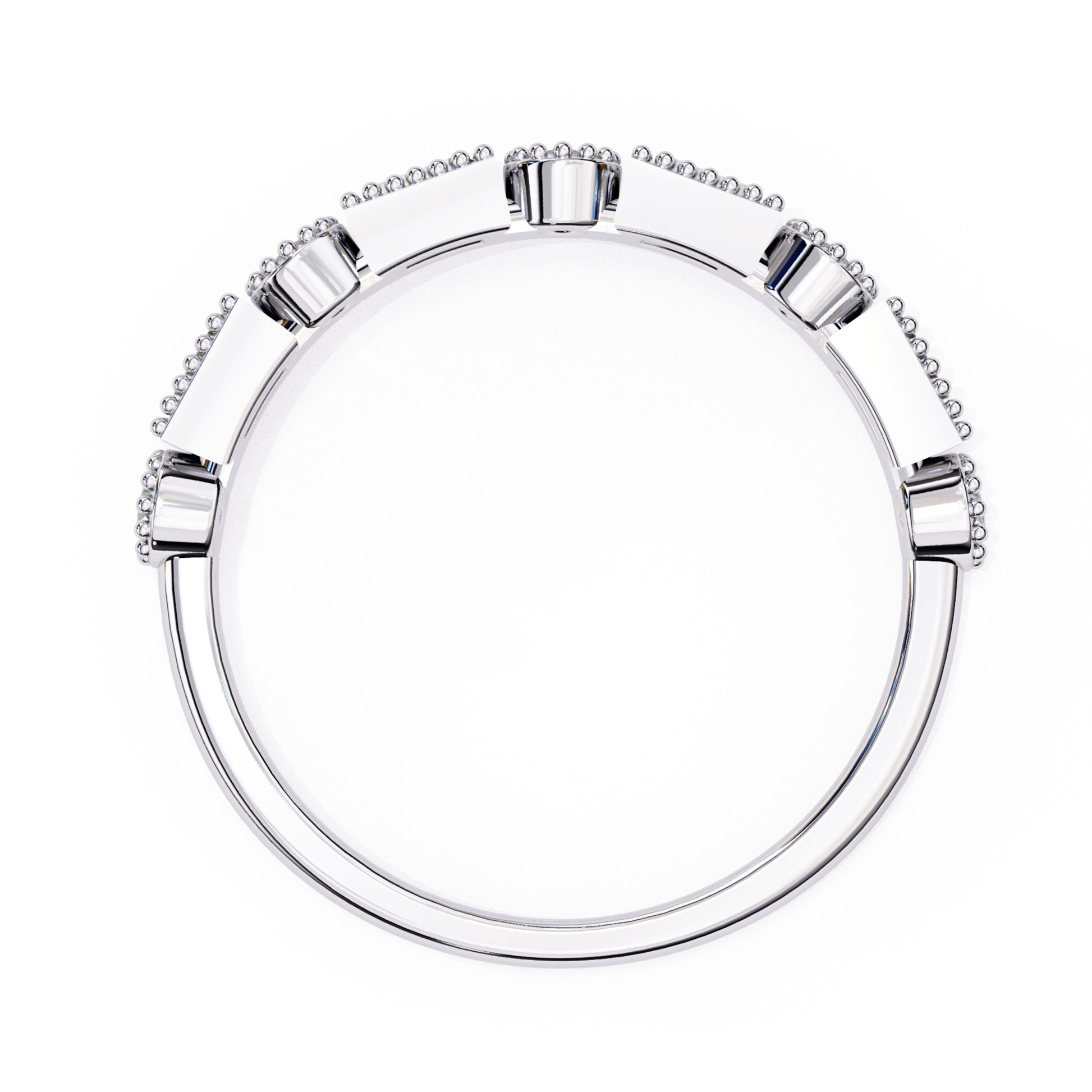 Close-up of white gold band ring showing sleek design