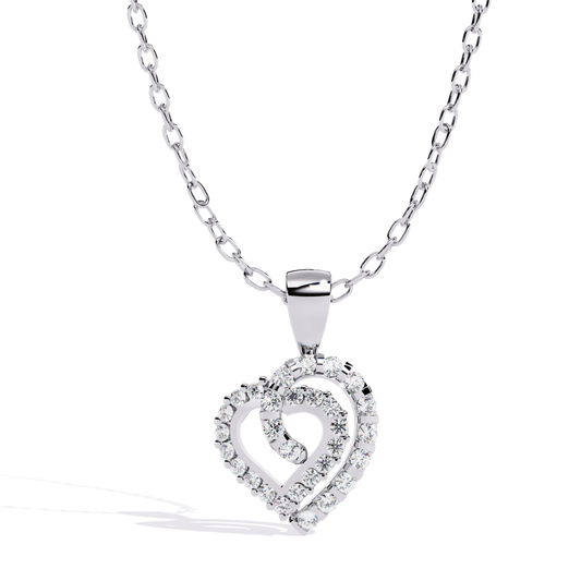 White gold curved double open heart diamond pendant featuring an outer diamond-studded heart and inner open heart design