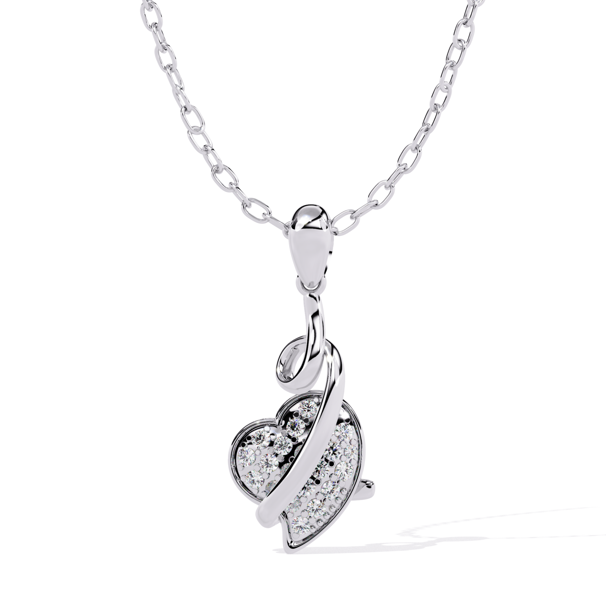 white gold curved heart diamond pendant featuring round diamond surface and flowing heart outline