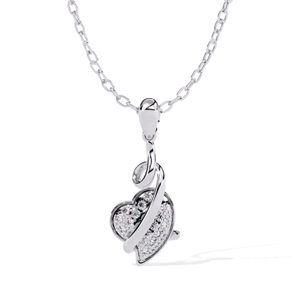 white gold curved heart diamond pendant featuring round diamond surface and flowing heart outline