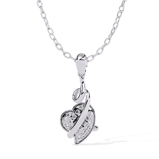 white gold curved heart diamond pendant featuring round diamond surface and flowing heart outline