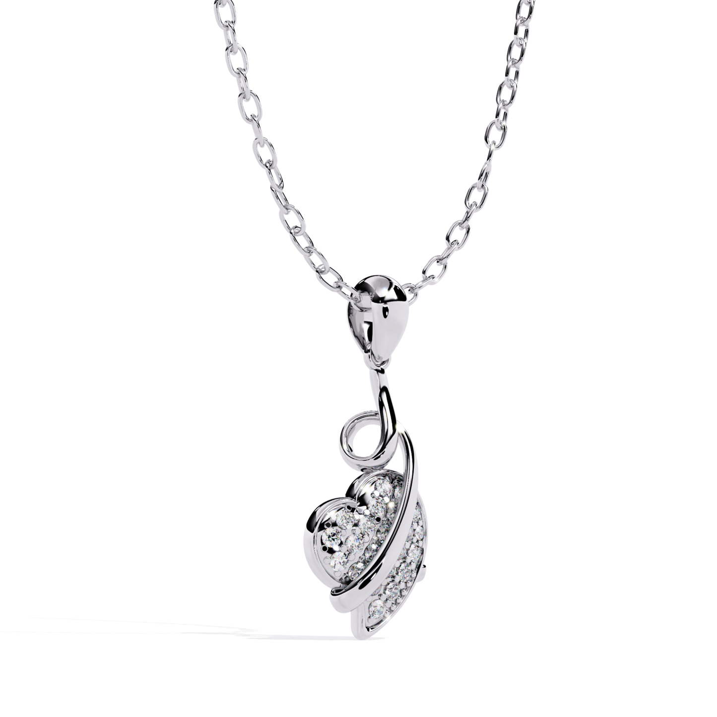 white gold curved heart round diamond pendant side view with smooth swirl design and layered round diamonds