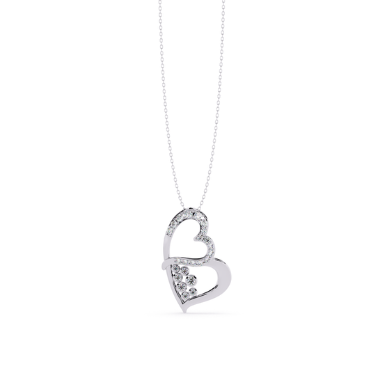 White gold double heart pendant with round cut diamonds placed in flowing heart design with pave diamond detailing and matching chain