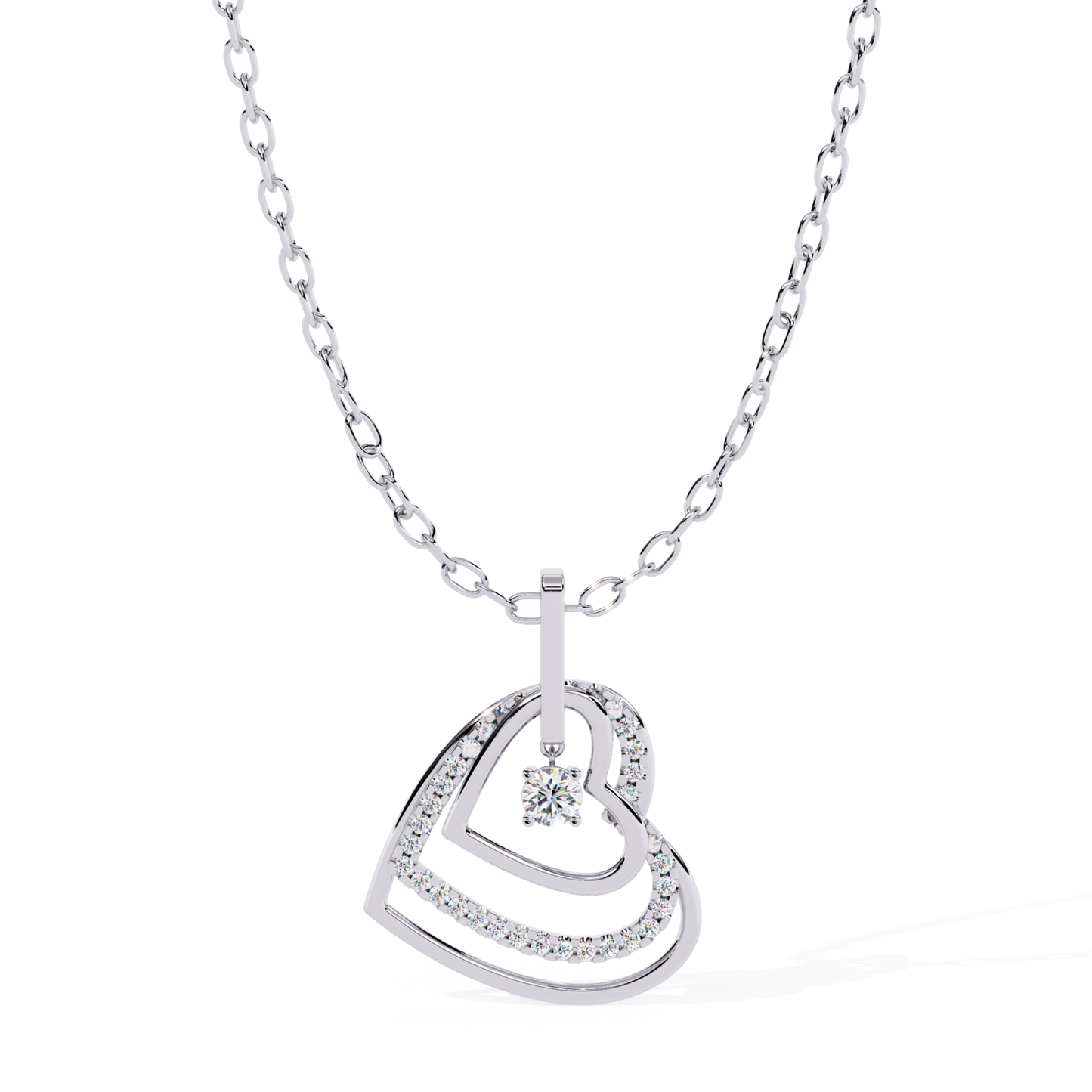 White gold double open heart pendant with round diamond detailing and a single hanging round diamond at the center