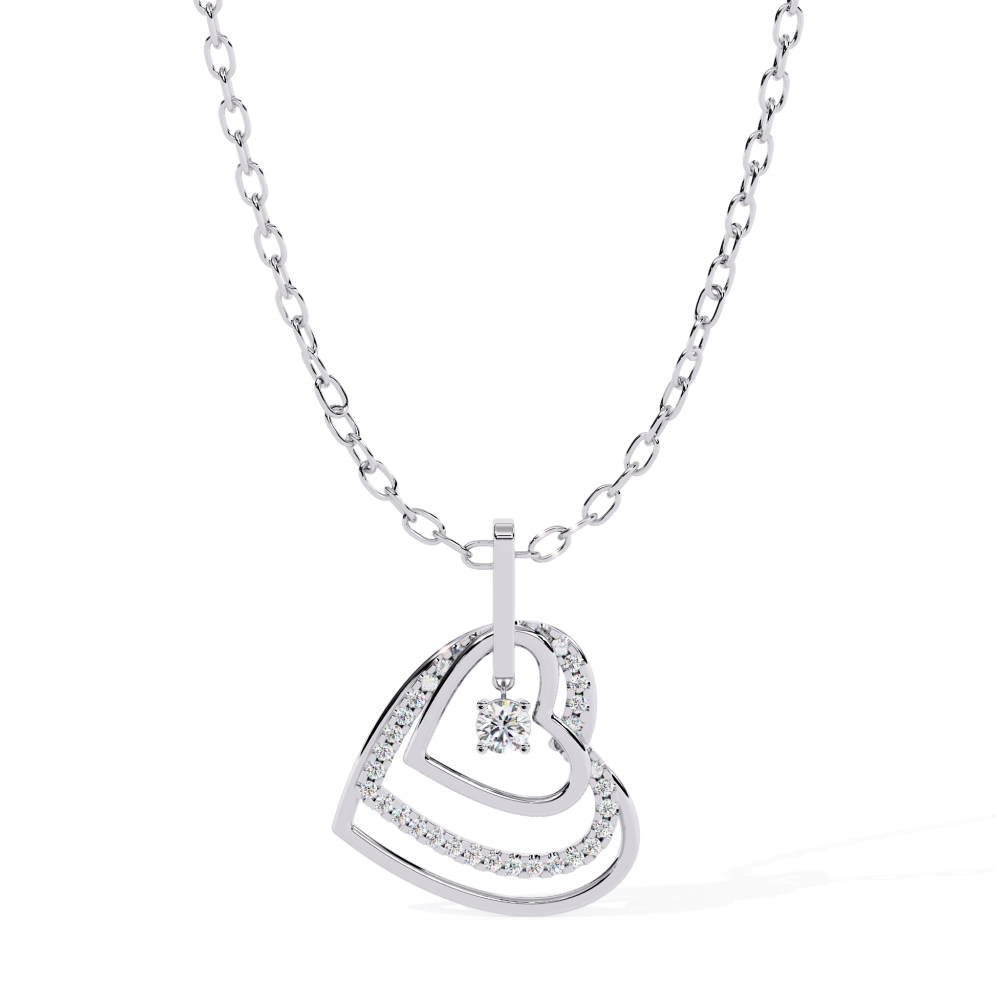 White gold double open heart pendant with round diamond detailing and a single hanging round diamond at the center