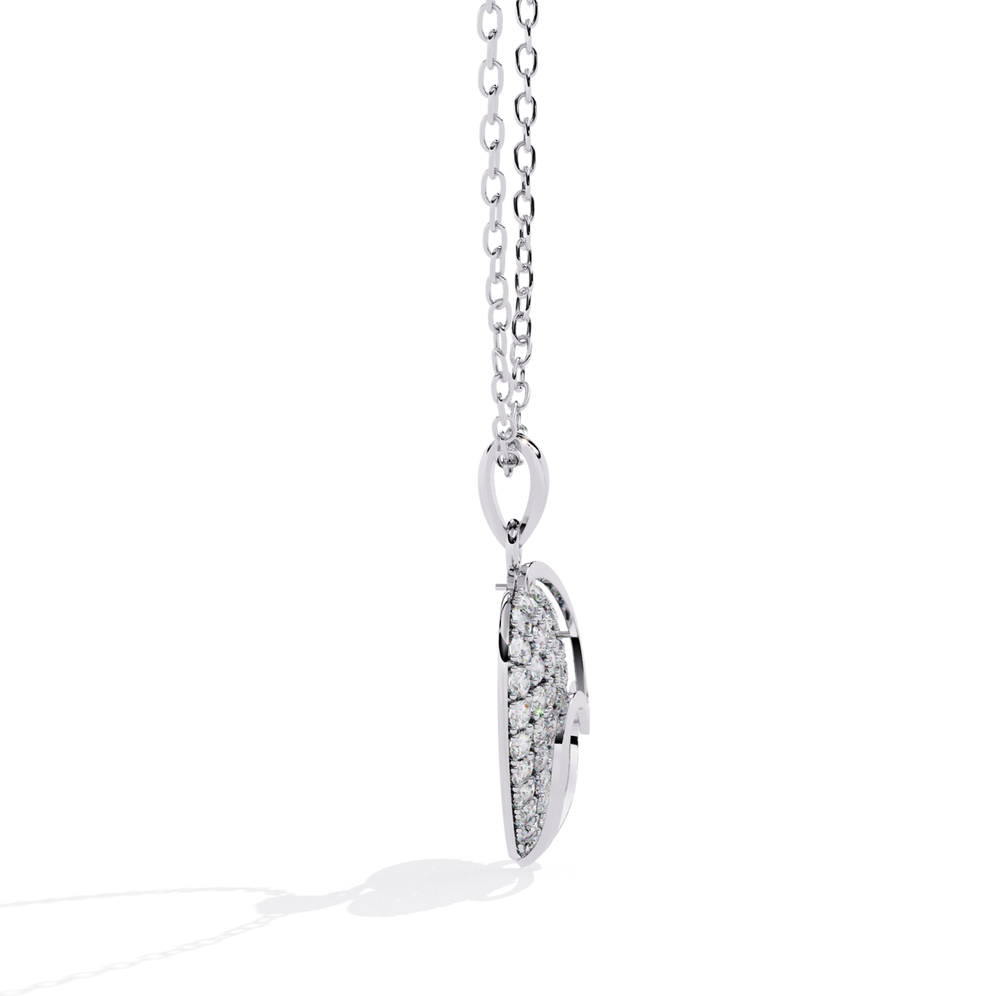 White gold double heart round pavé diamond pendant side view highlighting stacked heart layers, visible pavé diamond depth, and smooth polished side edges