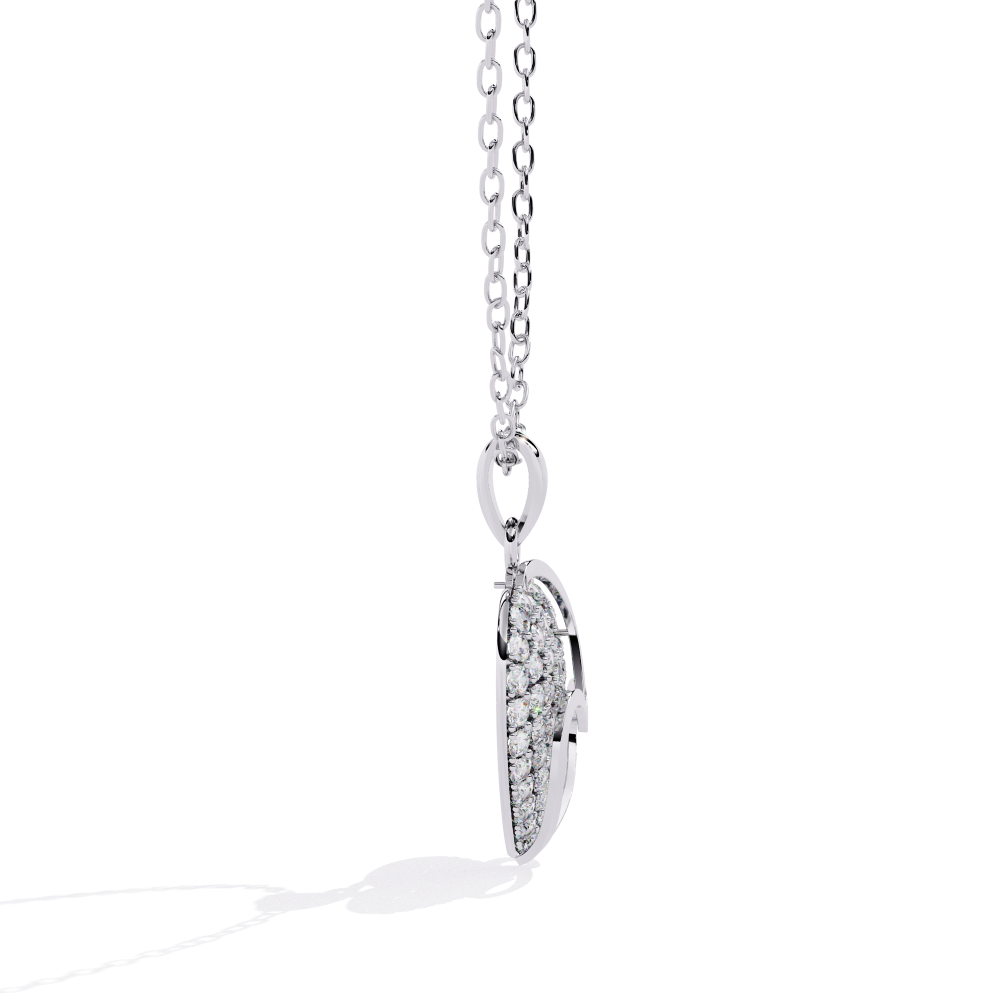 White gold double heart round pavé diamond pendant side view highlighting stacked heart layers, visible pavé diamond depth, and smooth polished side edges