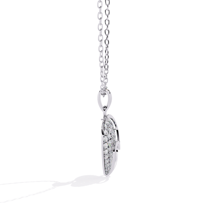 White gold double heart round pavé diamond pendant side view highlighting stacked heart layers, visible pavé diamond depth, and smooth polished side edges