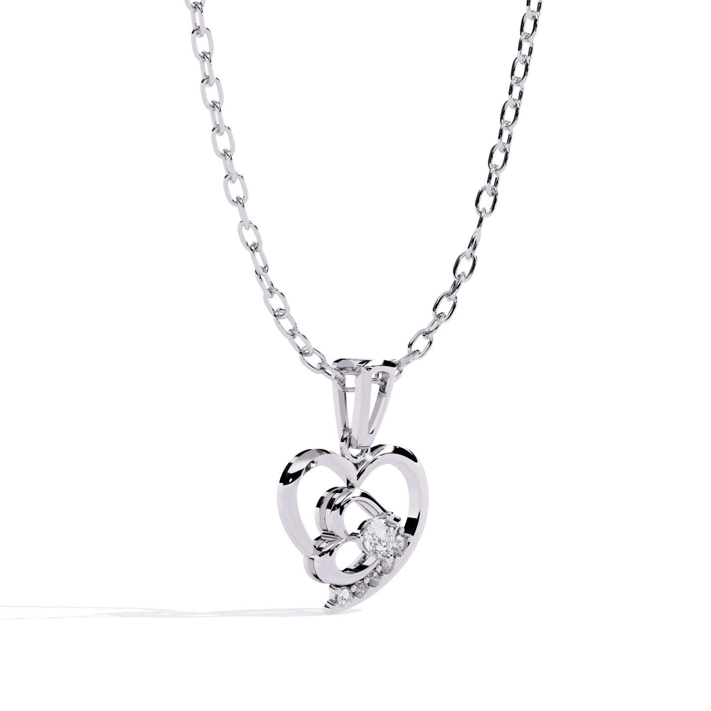 white gold double open heart diamond pendant angle view showing layered heart depth and cutout design