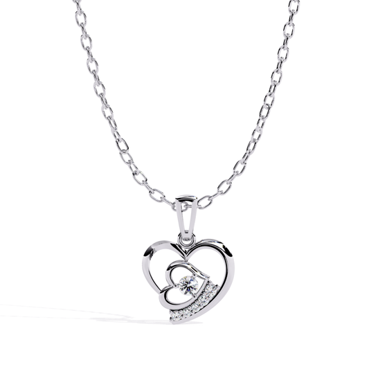 white gold double open heart diamond pendant front view showing open heart shape and diamond setting