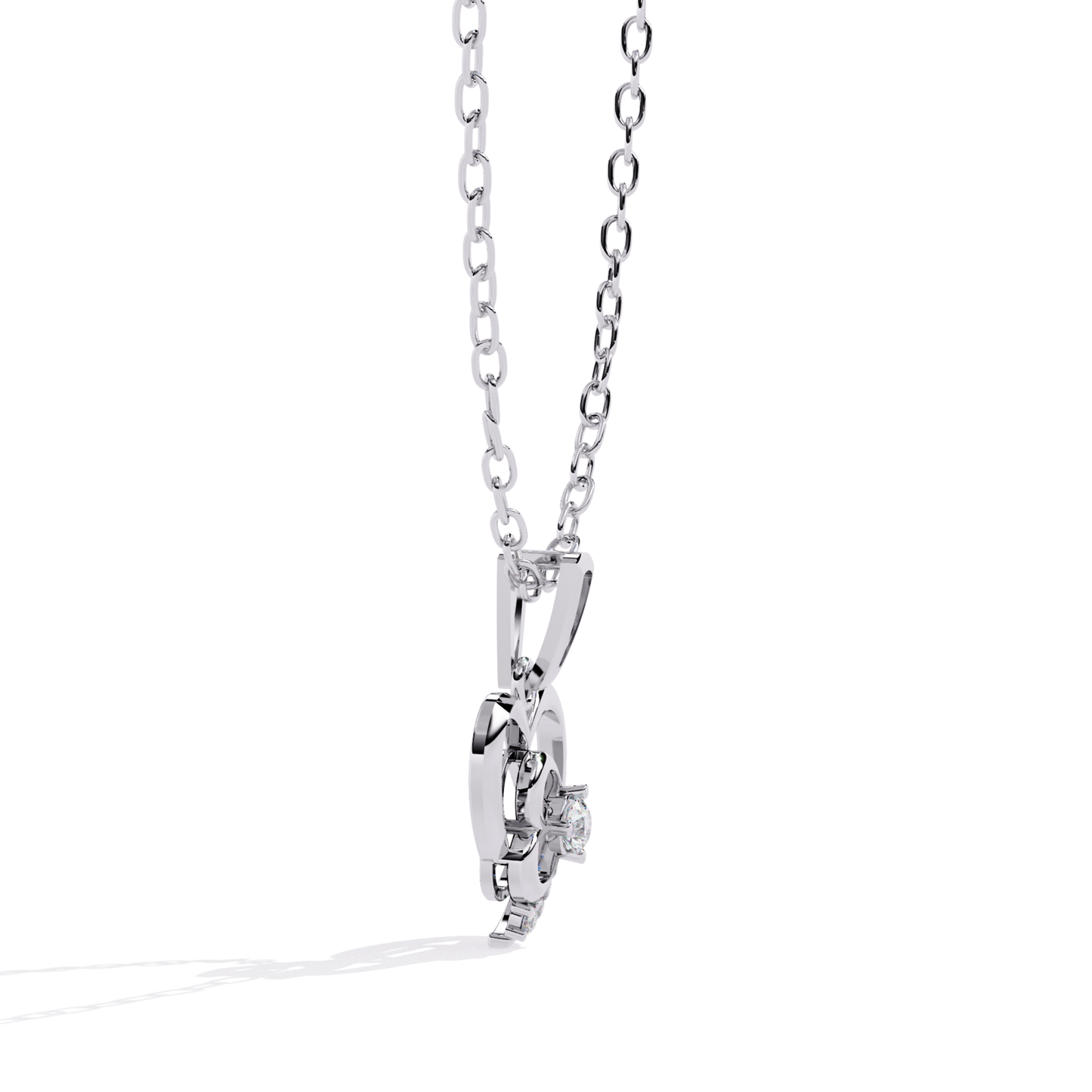 white gold double open heart diamond pendant side view with open heart cutout open back and visible diamond setting