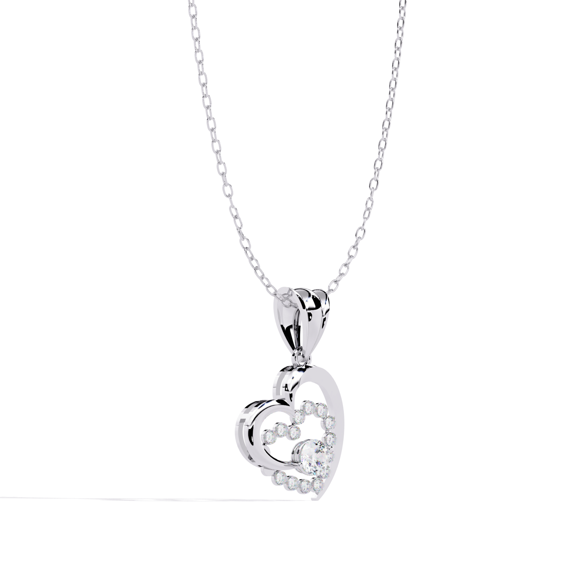 profile view of a white gold heart shaped pendant showcasing a layered design with round diamonds set around a central stone