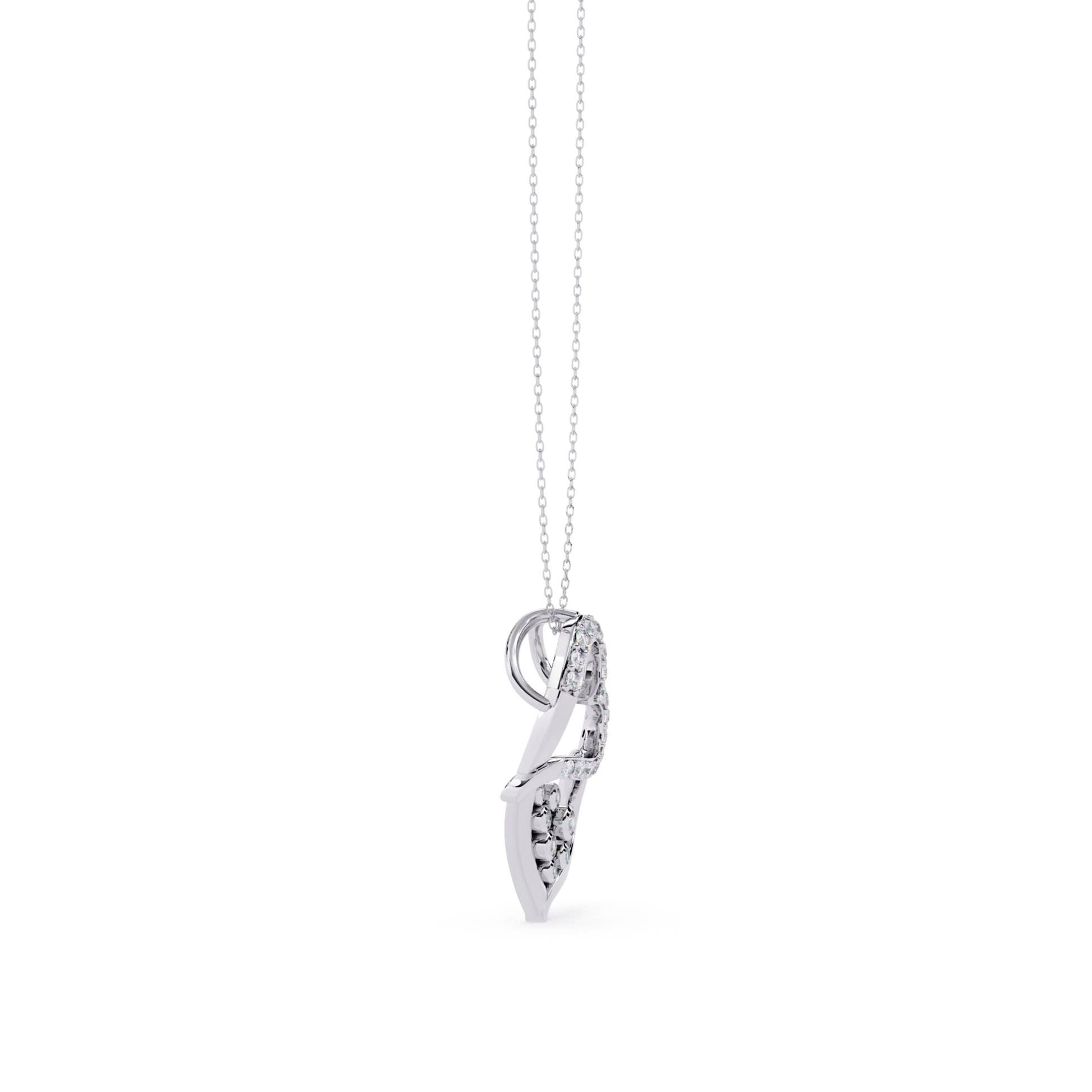 Side view of white gold heart shaped diamond pendant with chain showing round cut diamonds placed in pave setting with clean metal finish and slim profile
