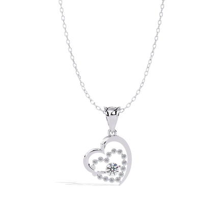 white gold heart shaped pendant with round diamond design